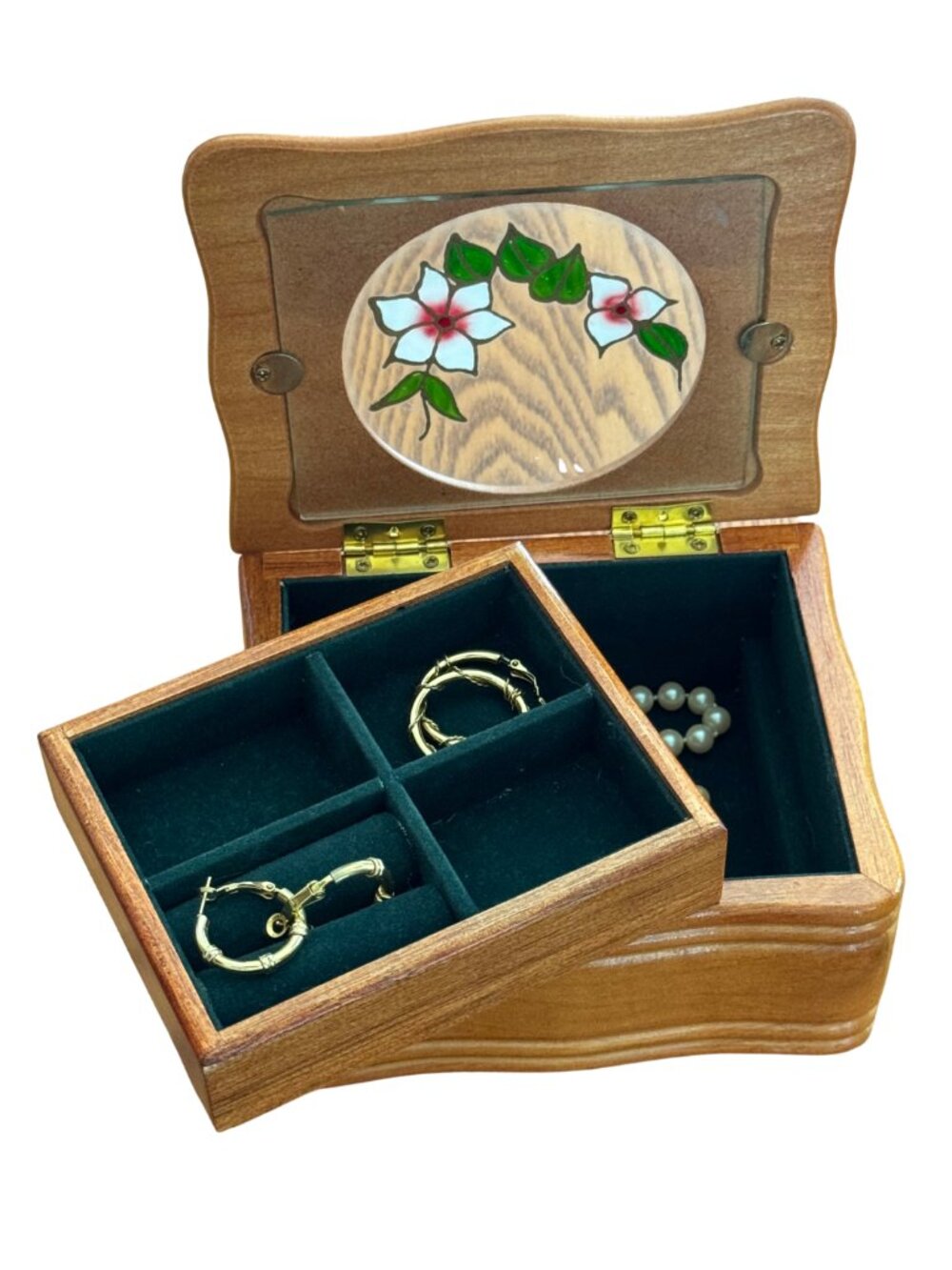 Mele Wooden Jewelry Box Green Velvet Lift Out Tray Glass Floral Lid - Picture 4 of 10